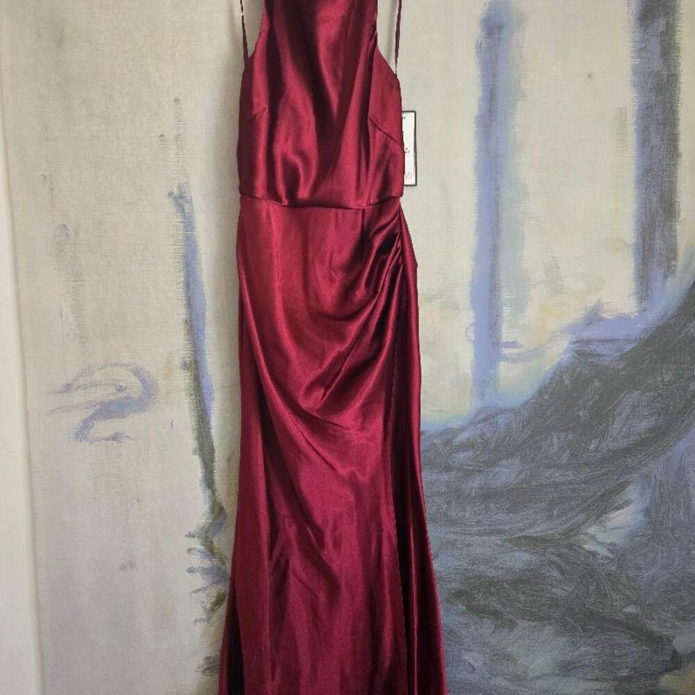 Cowl Halter Neck Charmeuse Long Betsy-Adam Women's Burgundy and Red Dress - Picture 3 of 8